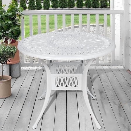 SOCIALCOMFY 35.4 Inch Outdoor Dining Table Round Patio Table Bronze Cast Aluminum Rustic Large Table with Umbrella Hole, White