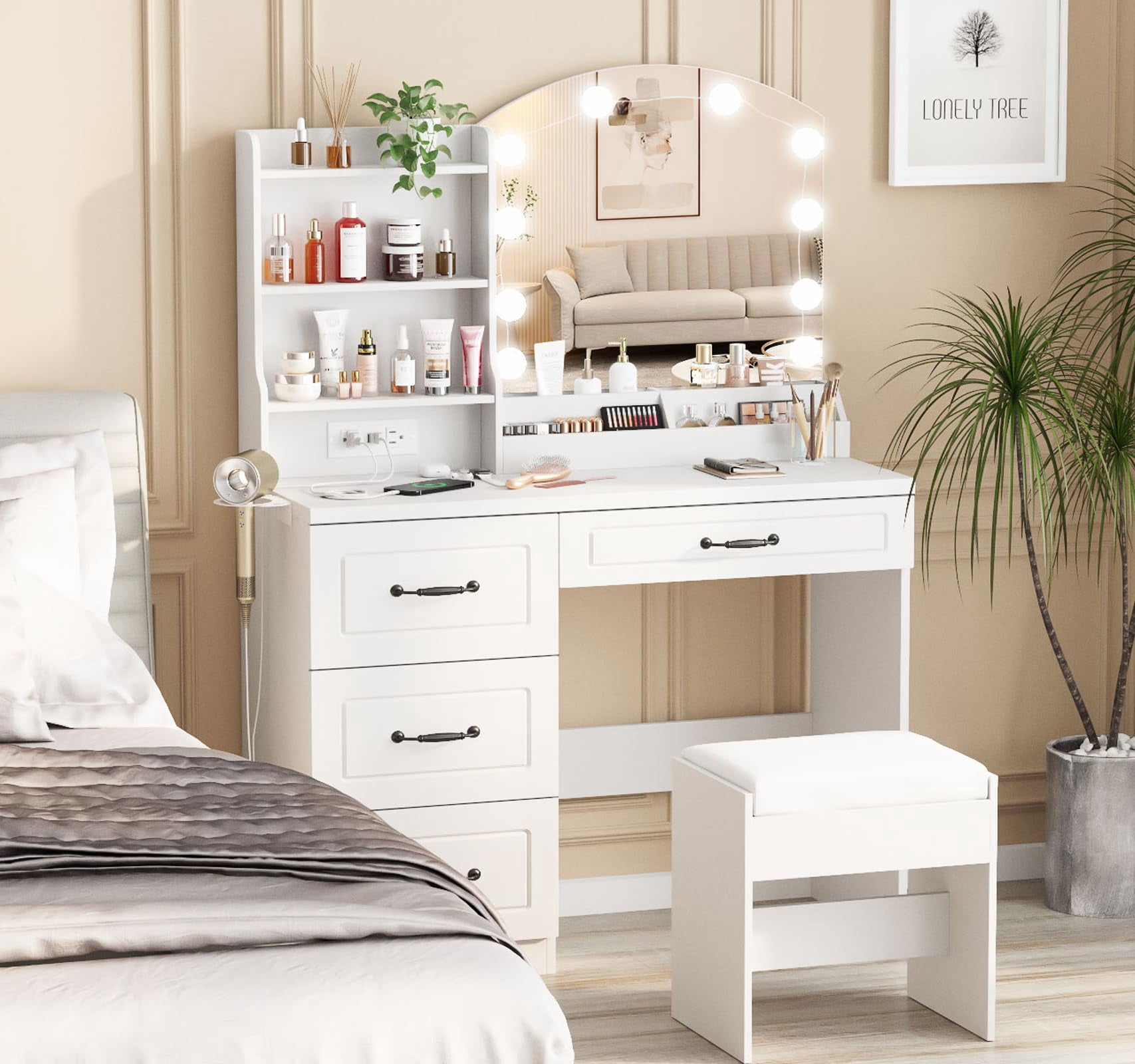 VEANERWOOD Vanity Desk Set with Lights and Power Strip,4 Drawers Vanity Set Makeup Table, 3 Lighting Colors, White
