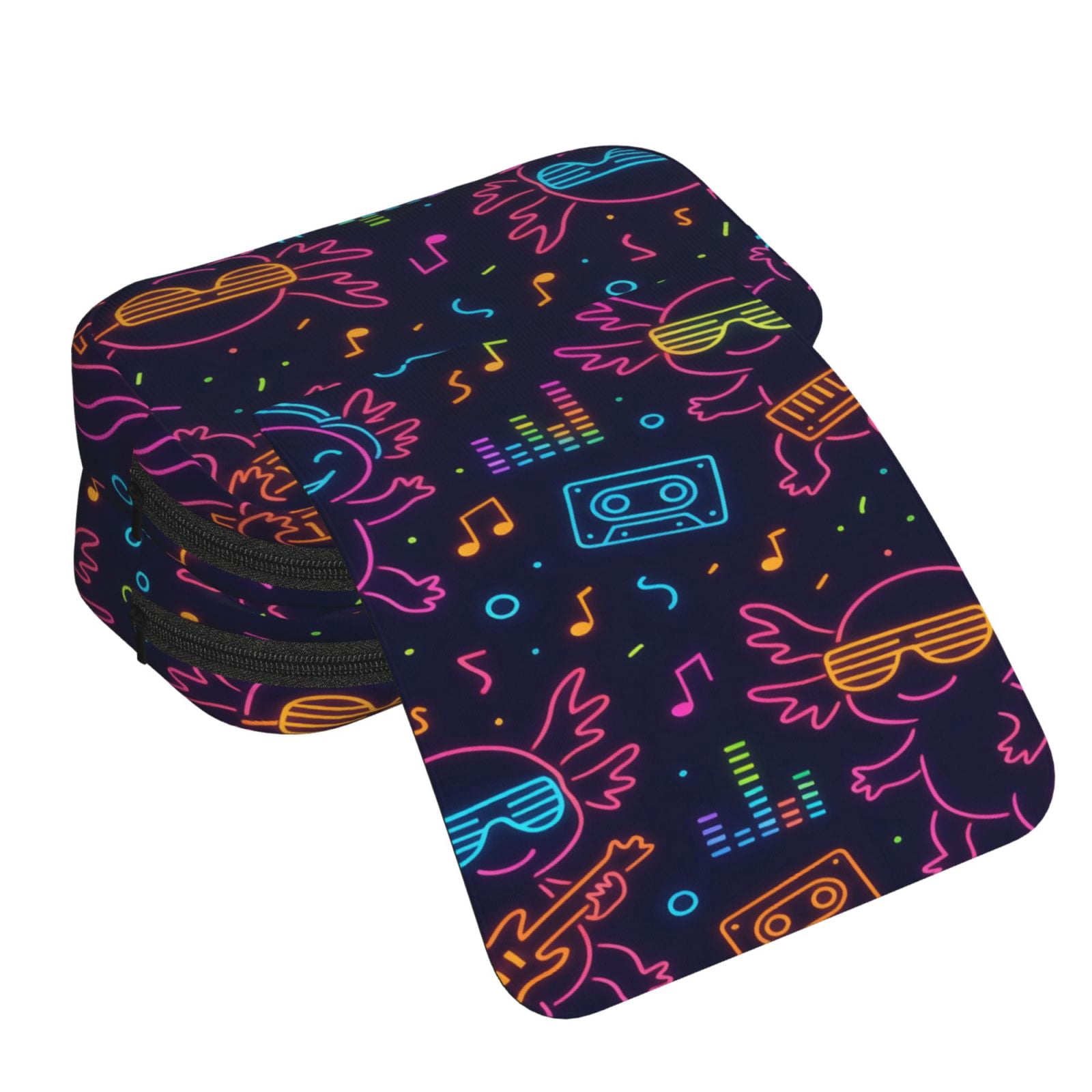 Large-Capacity Flip-Top Double-Layer Pencil Case, Multi-Functional Pocket Pen Case, Durable Stationery Organizer Neon Party Axolotls - 80s Synthwave
