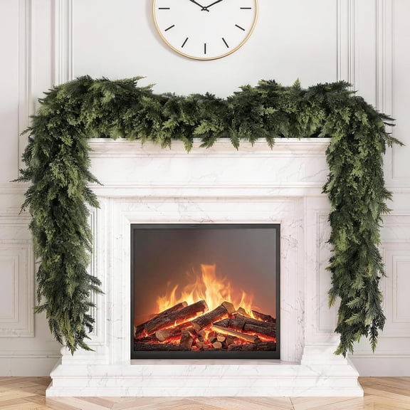 Real Touch Cedar Christmas Garland 9FT, Artificial Realistic Cypress Pine Garland for Mantle Fireplace Stairs Doorframe Table, Indoor Outdoor Xmas Christmas Decor Green Garlands for Holiday Decor