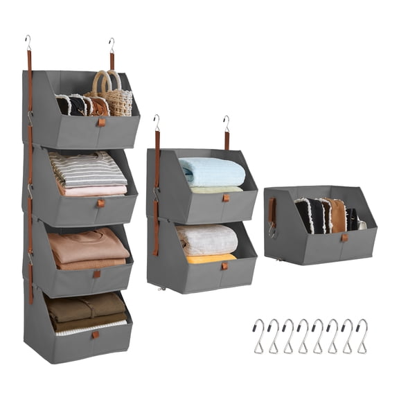 2 Pack 4-Shelf Hanging Closet Organizer Gray Non-Woven Trapezoid Storage Shelves with Hooks 12x10x47 Inches