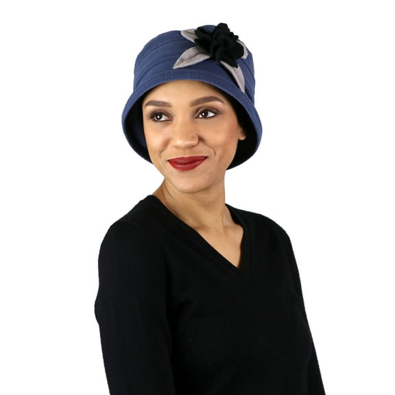 Womens Hat Luxury Fleece Cloche Ladies Cancer Headwear Chemo Winter Head Coverings Plush Double Layer Olivia (Blue Grey with Black)