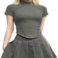 thumbnail image 2 of Femmes Manches Courtes Crop Tops Reverse Edge Couture Patch Stand Col Zip-Up Slim Fit T-Shirts Été Chemises Streetwear, 2 of 7
