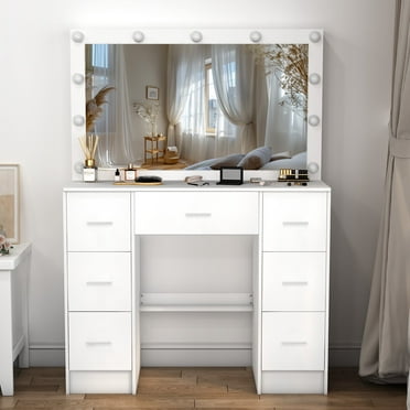 Caulitar Vanity Table Set with Large LED Lighted Mirror Makeup Dressing Desk with Storage Drawer for Bedroom White