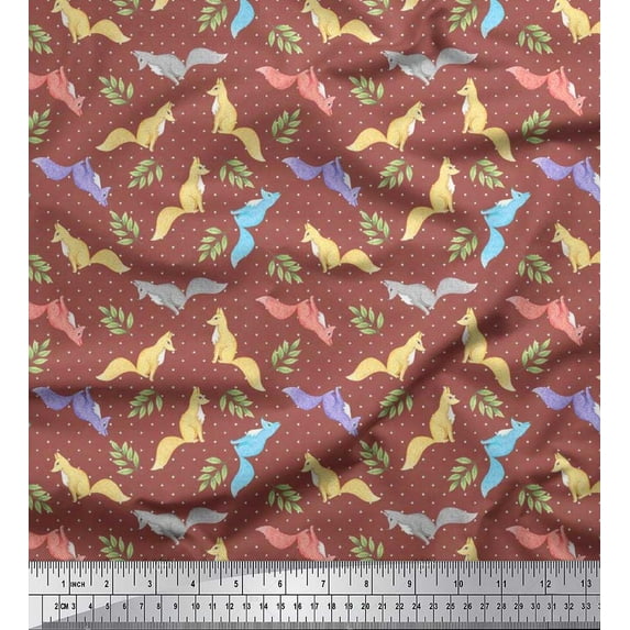Soimoi Poly Georgette Fabric Dot,Leaves & Fox Animal Print Fabric by the Yard 42 Inch Wide