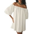 thumbnail image 1 of Gupgi Women Puff Sleeve Mini Dress Off Shoulder Pleated Short Dress Lantern Sleeve Dresses Loose Casual Solid Color Sundress, 1 of 9