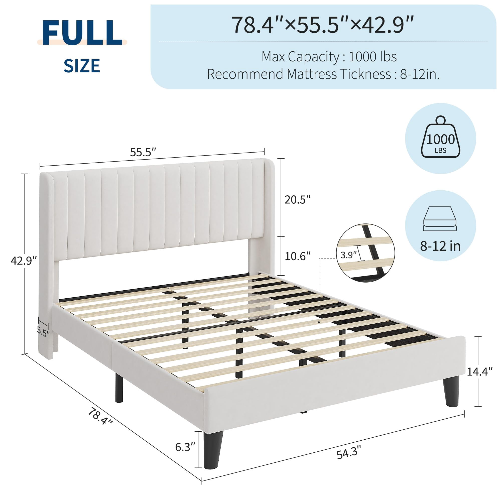 Huisuilinss Queen Bed Frame With Vertical Channel Tufted Wingback Headboard,Full Size Bed Frame,Velvet Upholstered Platform Bed With Wood Slats,No Box Spring Needed,Easy Assembly