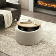 thumbnail image 2 of Round Storage Ottoman, Upholstered Coffee Table with Wooden Lid, 2 in 1 Function End Table Footstool for Living Room Office, Work as Side Table & Ottoman & Seat, Gray, 25.5''x25.5''x14.5'', 2 of 7