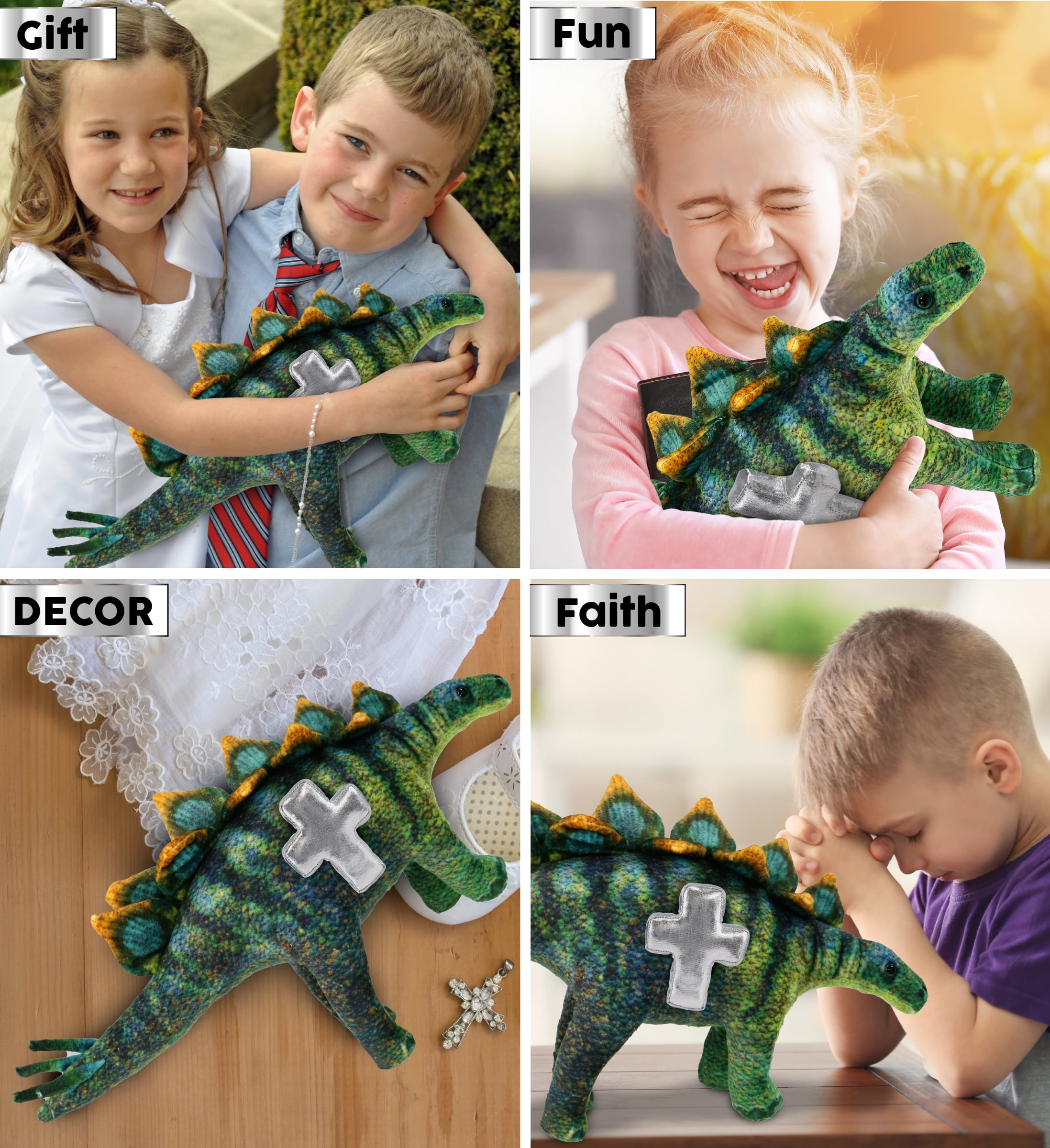DolliBu Wild Collection Stegosaurus Dinosaur Stuffed Animal with Silver Cross Plush - Baptism Gifts for Boys and Girls, Dedication Christening Gifts Plush Prayer Toy Healing Stuffed Animal - 18.5 Inch