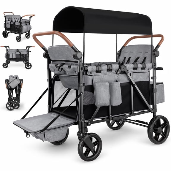 Vomeast 4-Seater Wagon Stroller, Outdoor Baby Stroller for 4 Kids, Stroller Wagon,Gray