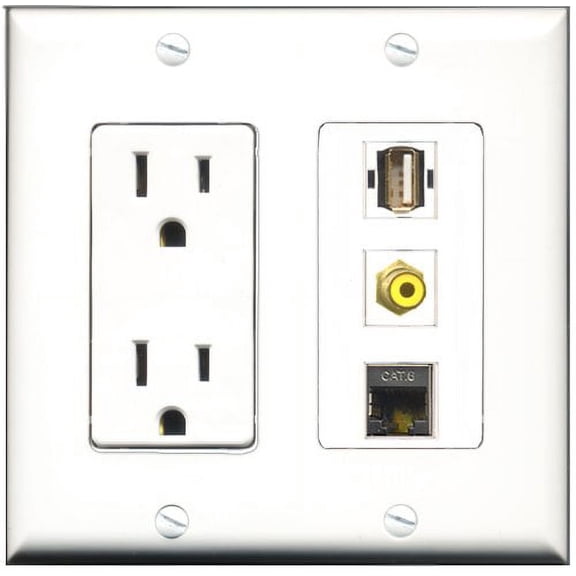 RiteAV - 15 Amp Power Outlet 1 Port RCA Yellow 1 Port USB A-A 1 Port Shielded Cat6 Ethernet Ethernet Decorative Wall Plate