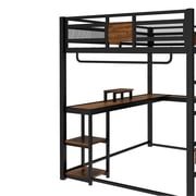 Bellemave Queen Size Loft Bed with Desk, Metal Loft Bed with Storage Shelves & Non-woven Fabri Drawers and Built-in Ladders for Teens, Adults, Black