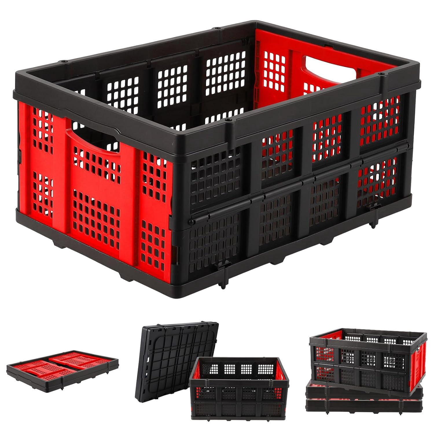 Acekid Collapsible Crate, 55L Foldable Plastic Milk Crate with Side Handles, Heavy Duty Stackable Containers Folding Storage Baskets for Food, Drinks, Books, Tools