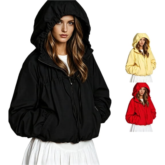 Unir Loose Fit Zip Up Windbreaker Jacket for Women, Hooded Drawstring, Durable Nylon Casual Outerwear with Lantern Sleeves, 1 Piece, XS-L