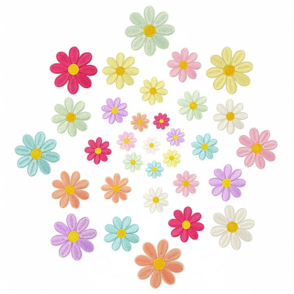 32Pcs Daisy Flower Iron on Patches, 4 Sizes & 8 Colors Embroidered Appliques for Hats, Jeans, Jackets, DIY Crafts