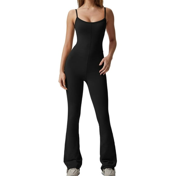 MSJUHEG Jumpsuits For Women Dressy Crewneck Sweatshirts Jumpsuits For Women Spaghetti Straps Scoop Neck Bodycon Full Length Casual Unitard Playsuit Joggers For Women Black Xl