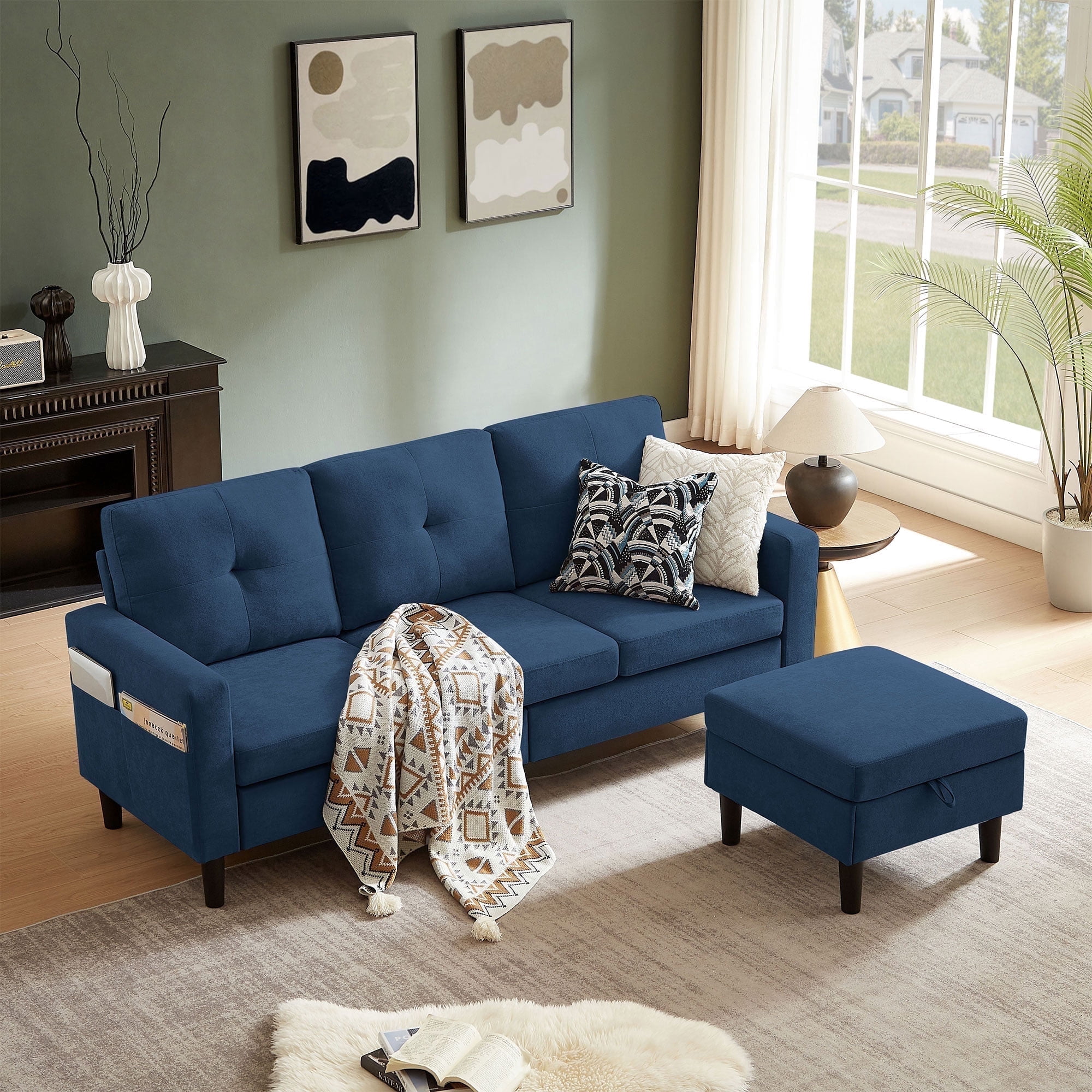 Pingliang Home Sectional Sofa with Storage Ottoman, Modern Couch with Footstool and Side Pockets,3 Seat L Shaped Couches for Living Room Apartment Office Studio