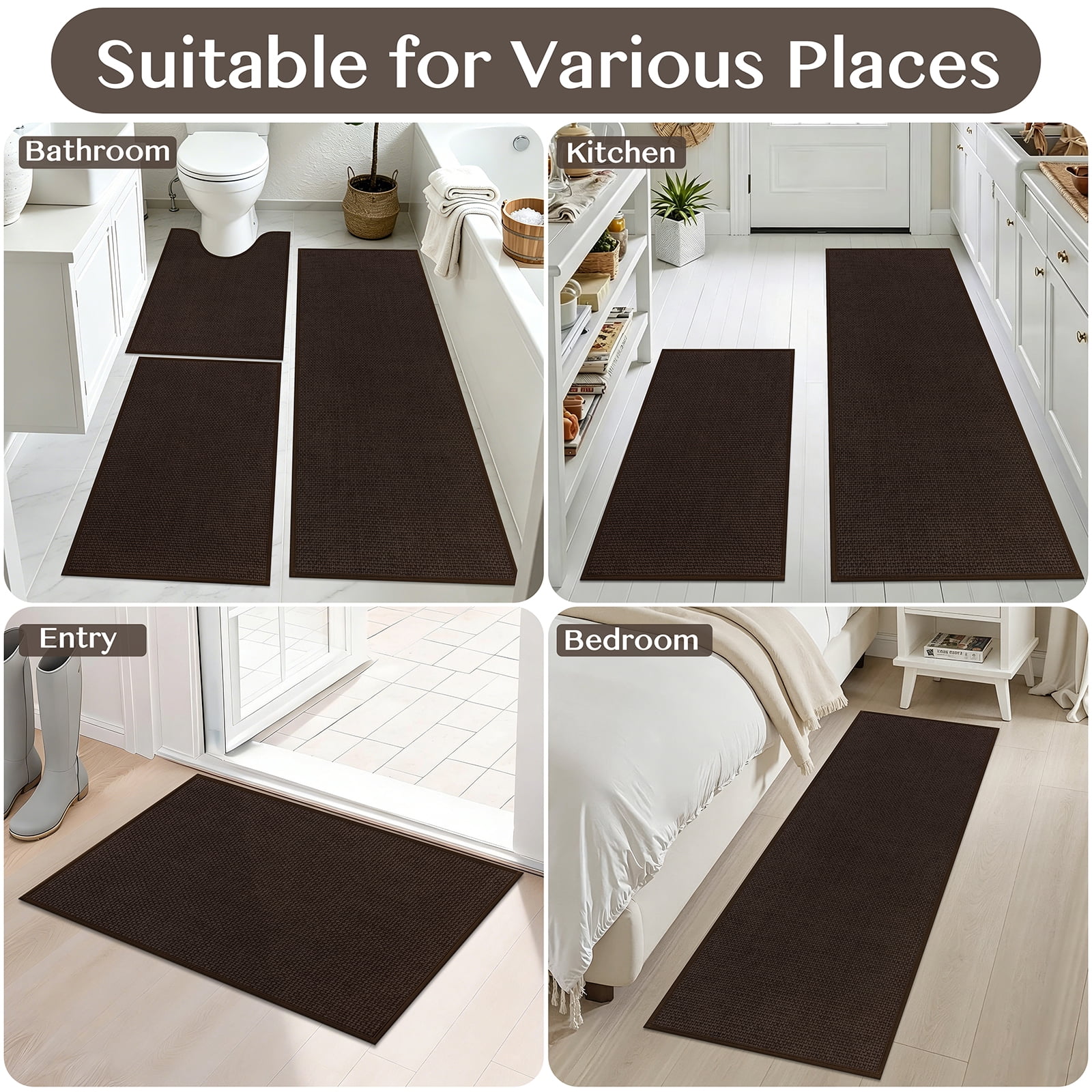 Ileading 3pcs Bathroom Rugs Set with U-Shaped Mat, Non Slip, Soft, Absorbent Bath Mats for Tub, Shower, Toilet 18"x26"+18"x48"+U Shape 20"x24" Brown