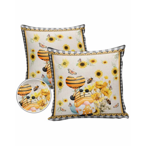 Pack of 2 Outdoor Pillow Covers, Summer Yellow Sunflowers Gnome with Bee Waterproof Square Throw Pillowcase Cushion Decorative Pillow Covers for Couch Patio Tent, 24x24 in