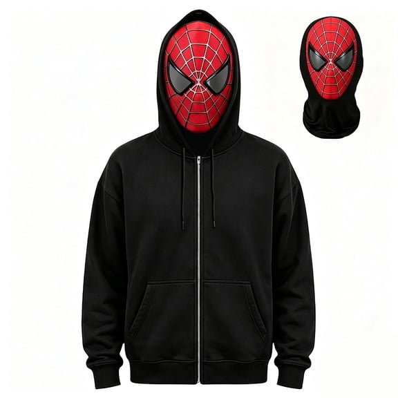 Superhero Zip Up Hoodie with Full Face Mask, Movie Character Graphic Sweatshirt Pocket Apparel for Men Women Halloween Cosplay Party