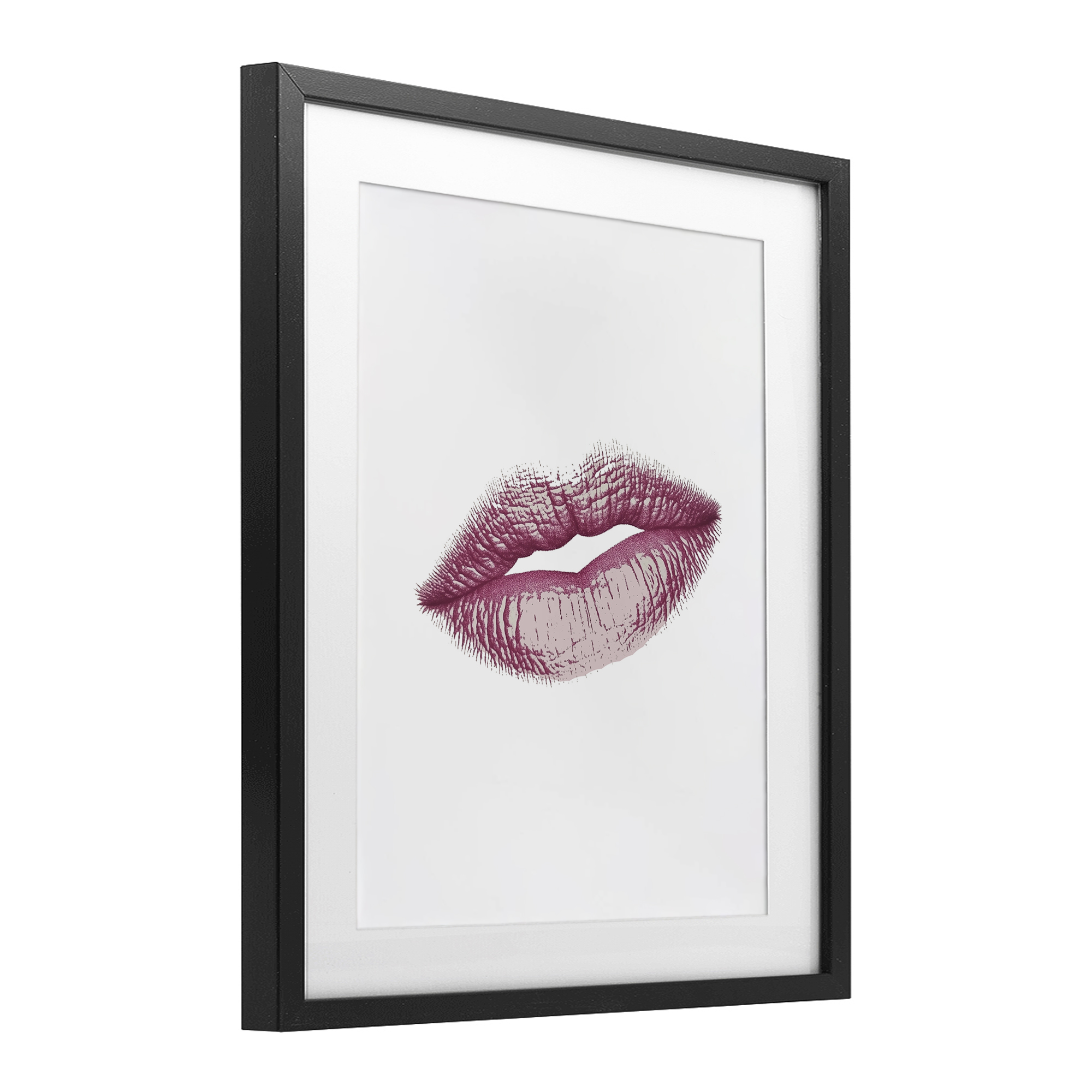 Feminine Pink Lips Glam Black Framed Print Under Glass, design by Christine Simpson Art