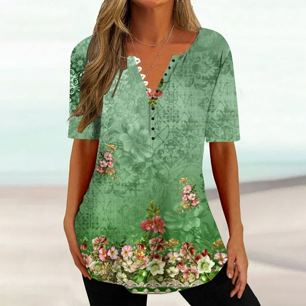 Puntoco 2024, tops a la moda de verano para mujer, top de manga corta holgado informal con estampado con cuello en V, top/camisa de manga corta con cuello en V