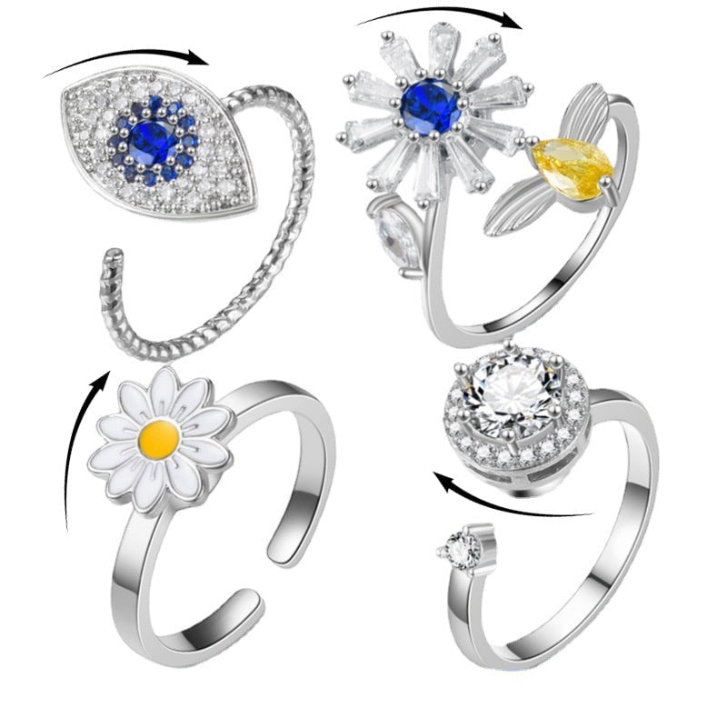 Turnable Floral Eye Anxiety Ring For Women Fidget Spinner Jewelry Copper Diamond Inlay Fashion Accessory For Everyday