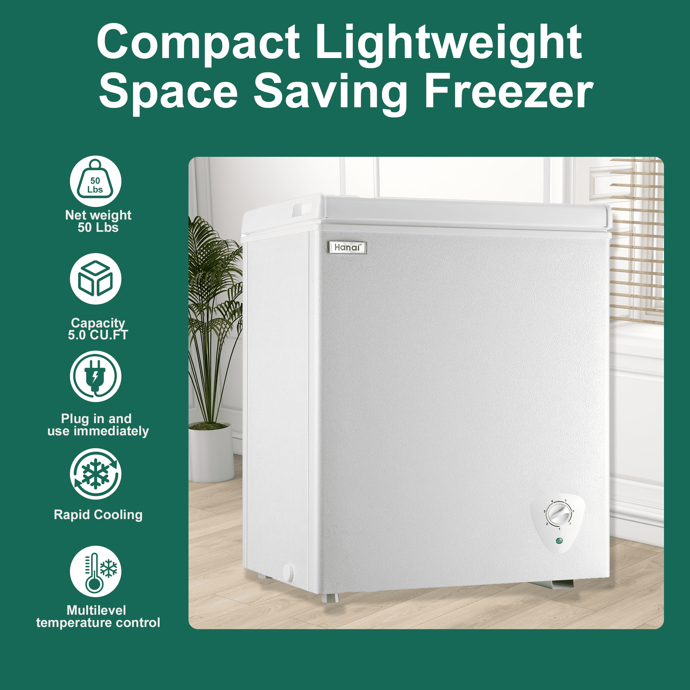 WANAI 5.0 Cubic Chest Freezer, Compact Deep Freezer,White