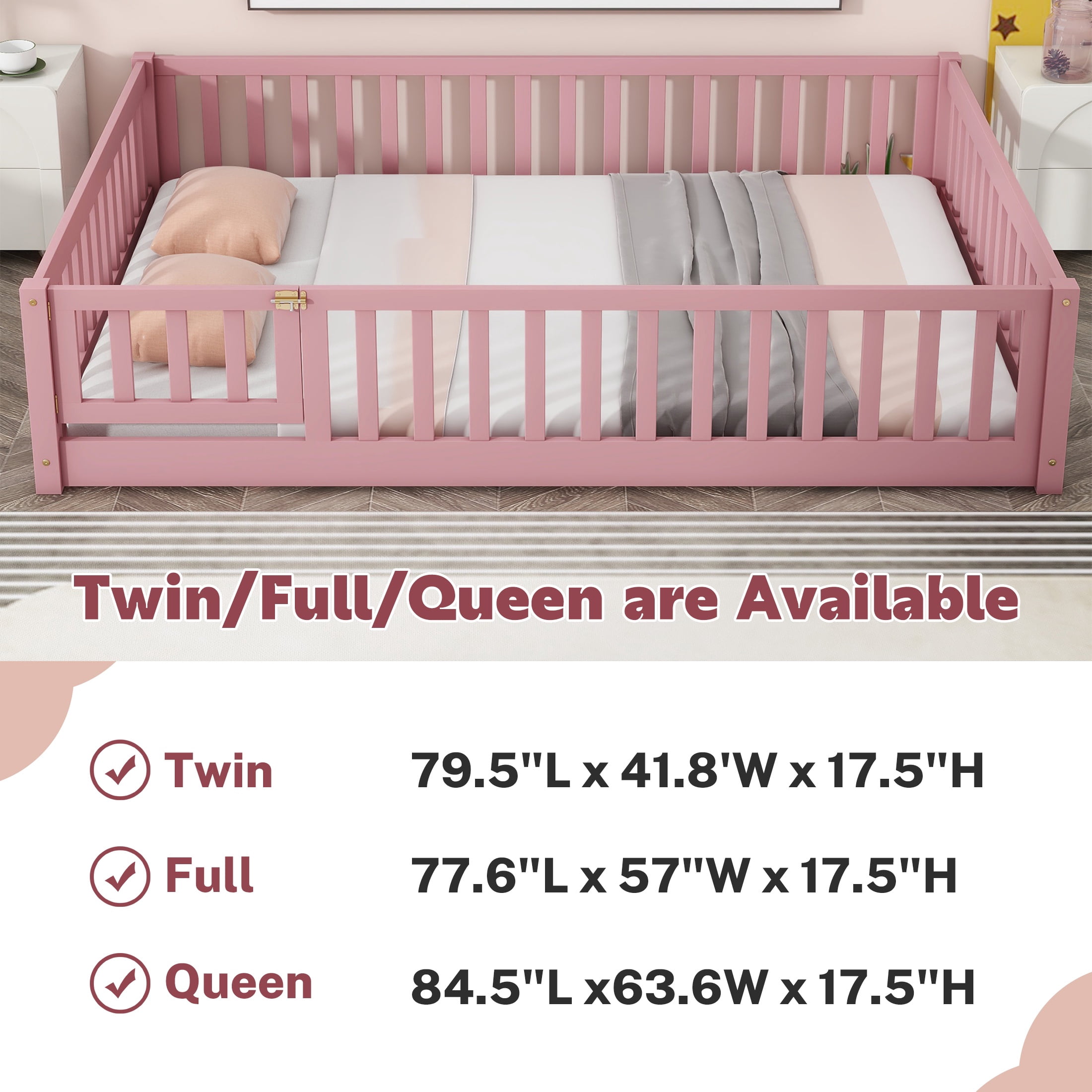 PAPROOS Full Montessor Floor Bed, Solid Wood Toddler Bed with Safety Guardrail and Door, Easy Assembly, Low-to-Floor Bed Frame with Slats for Kids, Pink