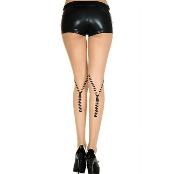 Music Legs Women's Women's 8-BEIGE-BLACK Zipper Print Spandex Sheer Pantyhose - Beige & Black 7388-BEIGE/BLACK