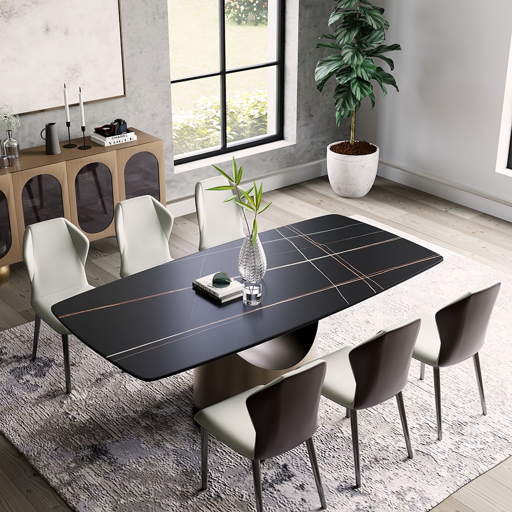 POVISON 71"Hobart Modern Minimalist Dining Table For 4-6, Black Rectangular Matte Sintered Stone Tabletop, Bronze Carbon Steel Leg