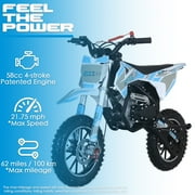 SYX MOTO VK 58cc 4-Stroke Gas Powered Mini Dirt Bike for Kids, Fully Automatic Youth Off-Road Motorcycle with Speed Governor, Pull Start, Blue/White