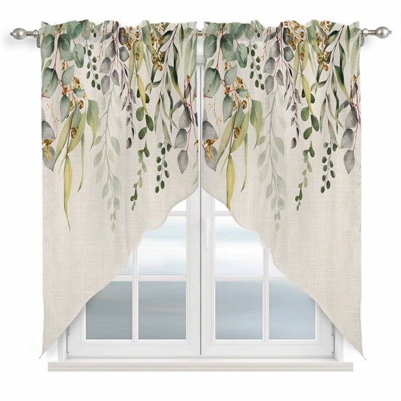 Eucalyptus Leaves Swag Valances for Windows, Kitchen Curtains 36 Inch Length 2 Panels Set, Green Summer Botanical Rustic Short Curtains for Small Windows Rod Pocket Cafe Curtains Drapes 28"x36"