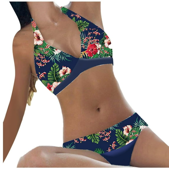 asdoklhq Plus Size Swimsuit Clearance Under $10,Women Flower Printing Backless Bikini Two-Pieces Swimwear Swimsuit Beachwear Set
