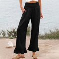 thumbnail image 4 of Ruffled Pants for Woman Fashion Ruffle Hem Pant Smocked Elastic High Waist Long Pants for Women Linen Spring Fall Trousers, Black, Large, 4 of 7