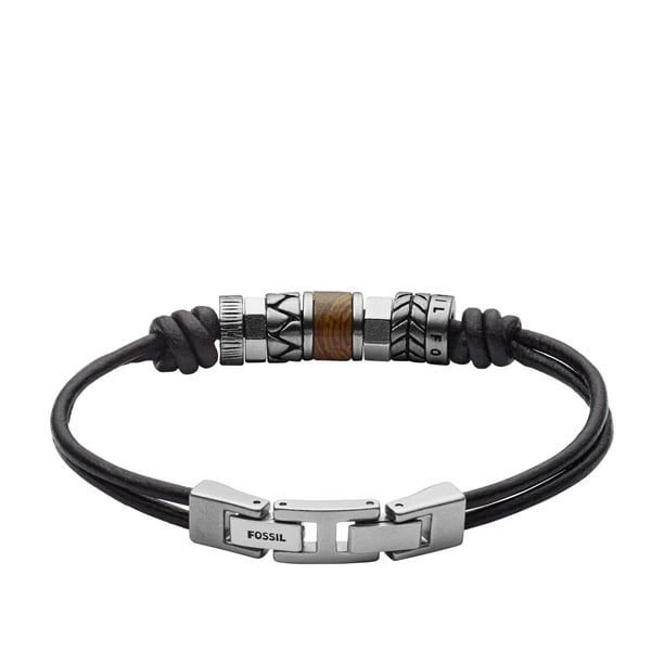 Pulsera Fossil JF84196040 de piel negra con cuentas de 21,5 cm
