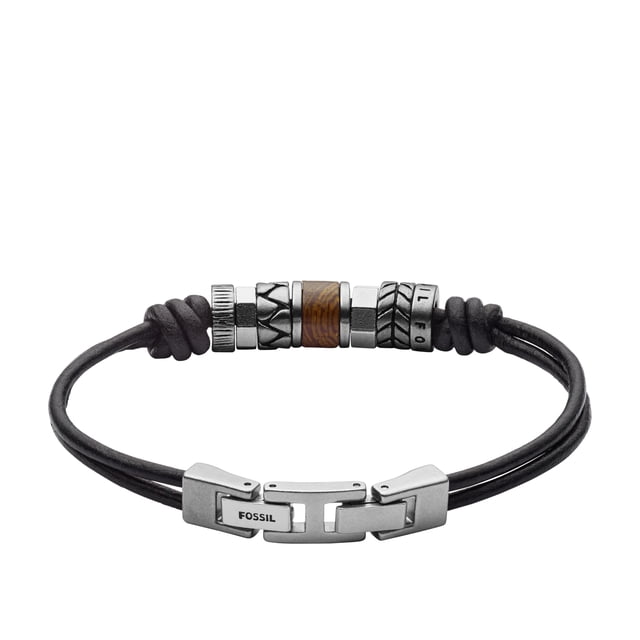 Pulsera Fossil JF84196040 de piel negra con cuentas de 21,5 cm