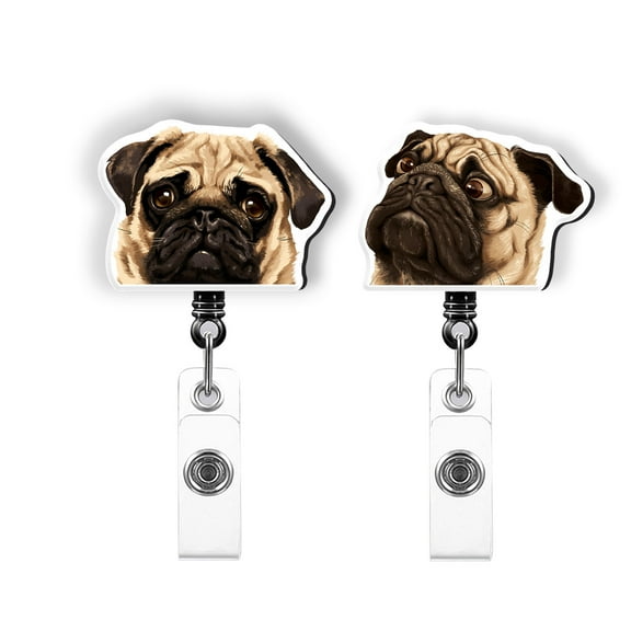 WIRESTER Set 2pcs Design Acrylic Key Card Holder Belt Clip Reel Id Badge Retractable - Pug Puppy Dogs