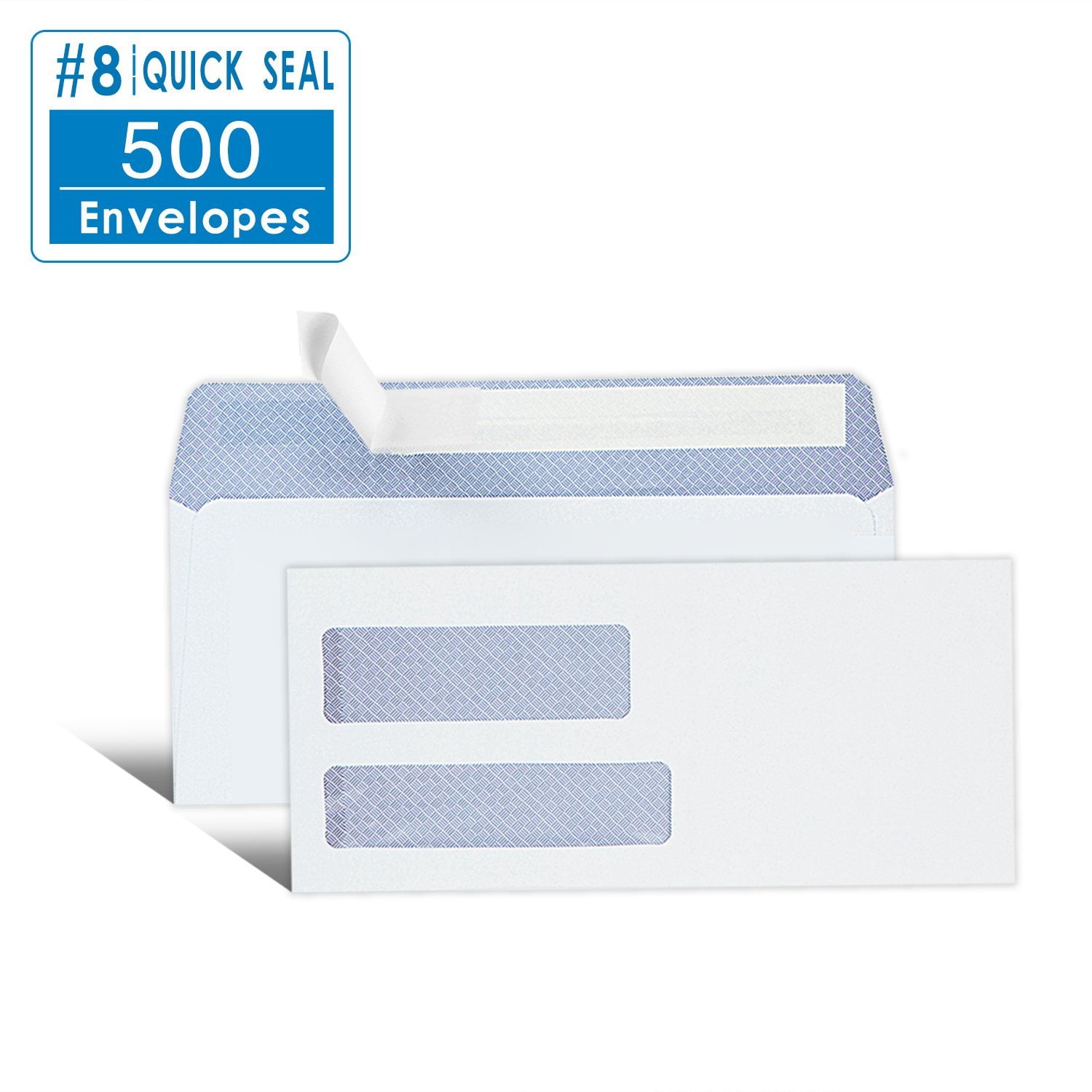 500 Pack 8 Double Window Envelope 3 5/8" x 8 11/16" SELF SEAL Adhesive Tinted Security