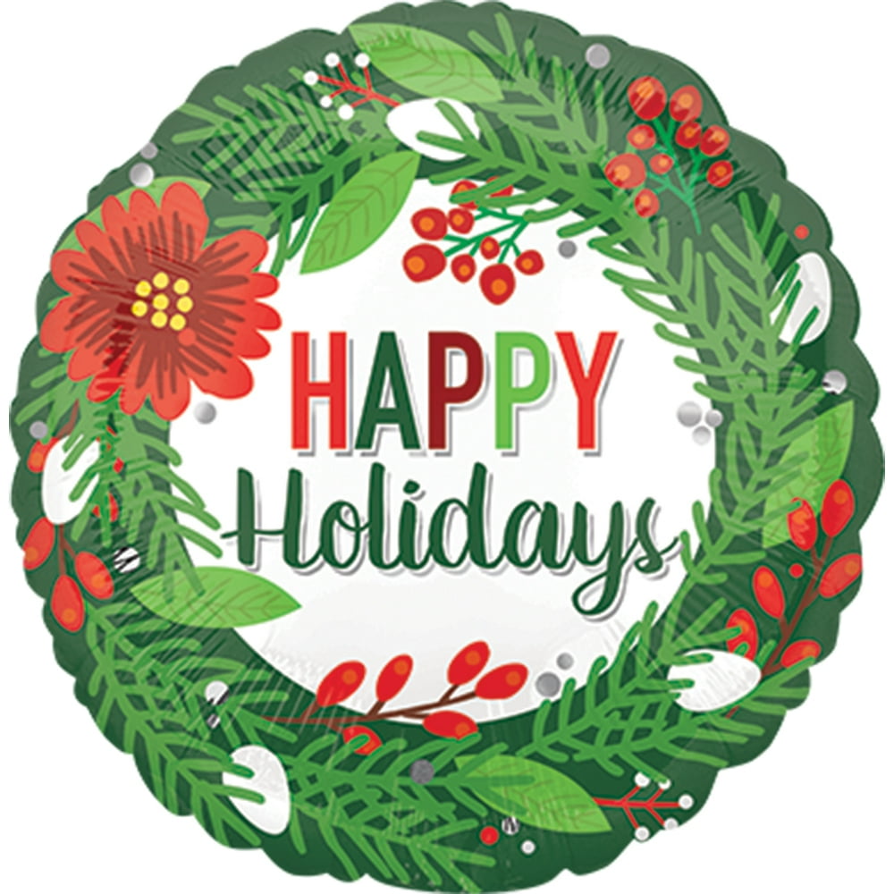 Anagram Happy Holidays Pine Wreath Round 18" Foil Balloon, Green White