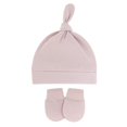 thumbnail image 1 of Gorro de lana con manoplas antiarañazos para bebé, regalo para recién nacidos, gorro de color liso, de cuero rosa, 1 of 5