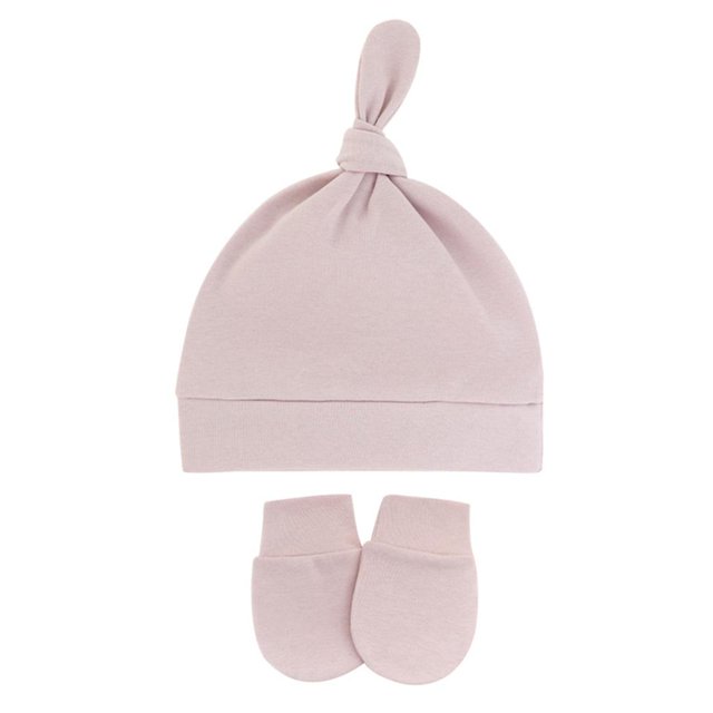 Gorro de lana con manoplas antiarañazos para bebé, regalo para recién nacidos, gorro de color liso, de cuero rosa