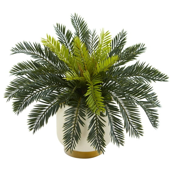 Nearly Natural 15" Plastic Cycas Artificial Plant in Cream Planter with Gold Base