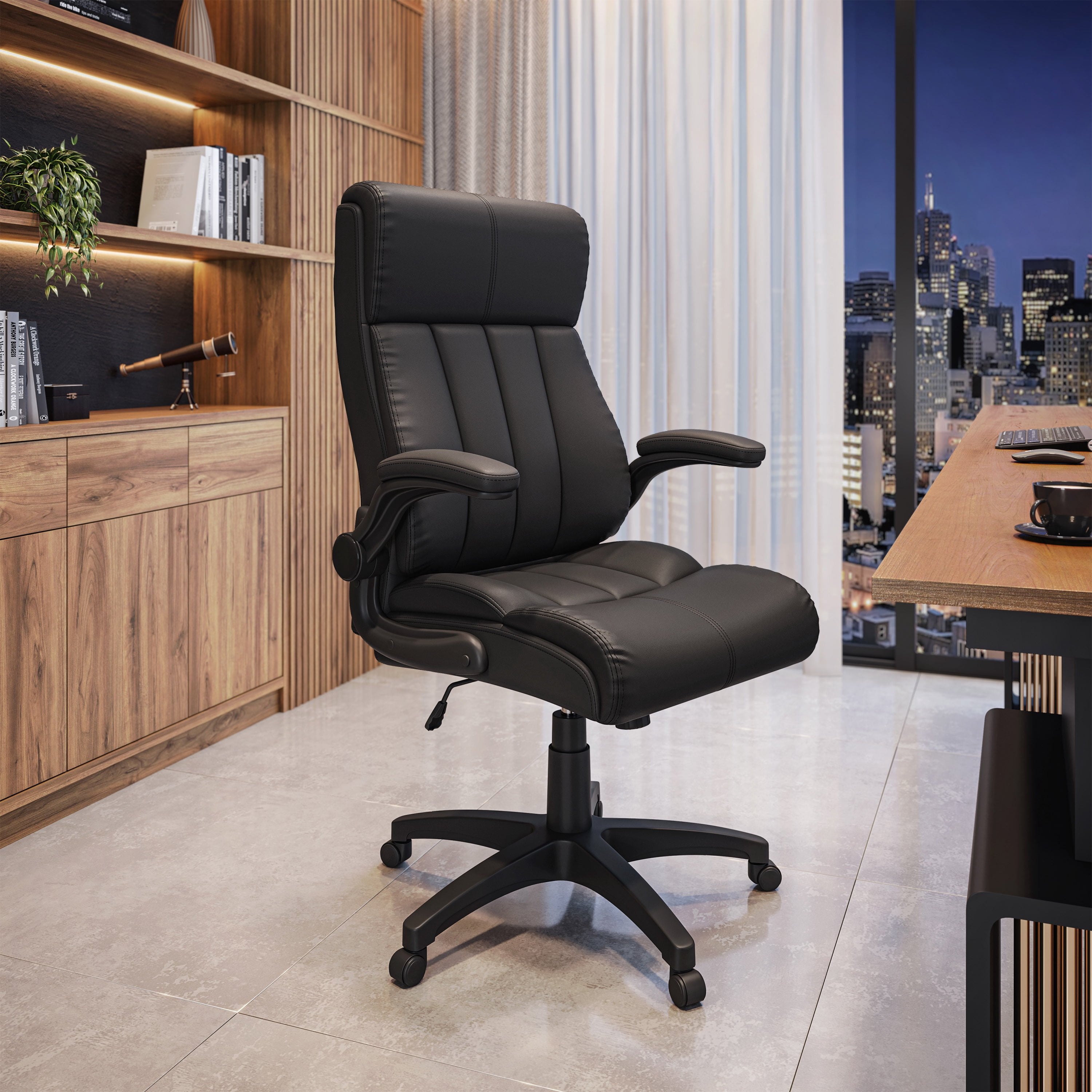 Techni Mobili Ergonomic Faux Leather Office Chair – Ultra-Padded Executive Desk Chair with Flip-Up Armrests, Height Adjustable, Tilt Control, and Smooth-Rolling Wheels, Black - Thumbnail 3