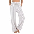 thumbnail image 2 of KDFJPTH Women's Striped Linen Blend Pants Elastic Drawstring Waist Casual Summer Trousers with Pockets White M, 2 of 4