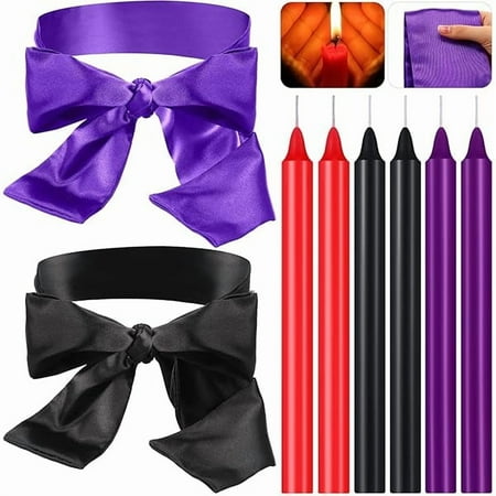 wonima66 8 Pcs Low Temperature Candles Silk Blindfold Romantic Long Thin Drip Wax Play Candles Satin Eye Mask Sleeping Covers Blindfolds for Couple(Purple, Black)