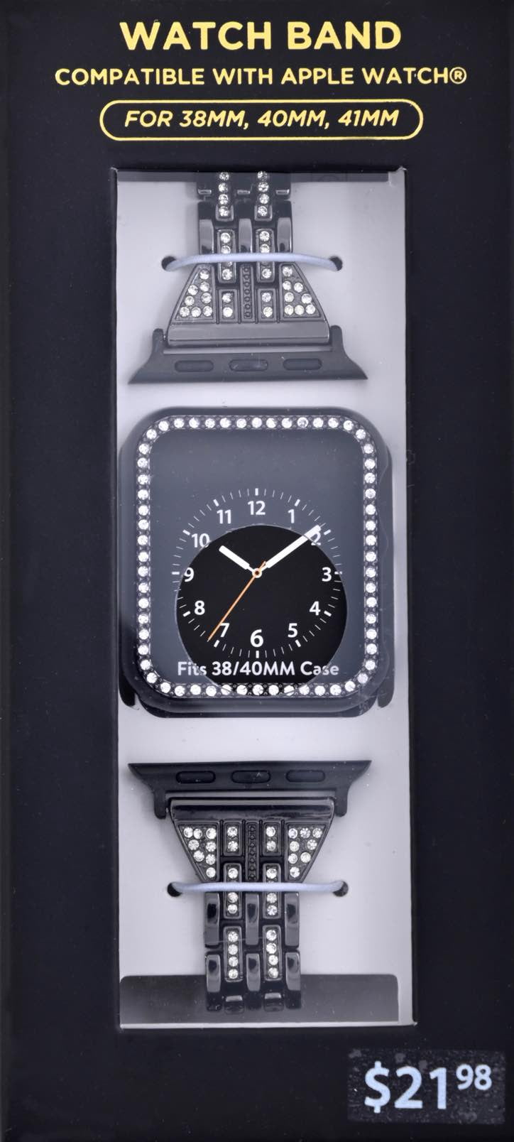 Adult Ladies Gun Metal Replacement Strap with Clear Crystals & Matching Watch Case Bumper Cover 2 Piece Set . 38-41MM