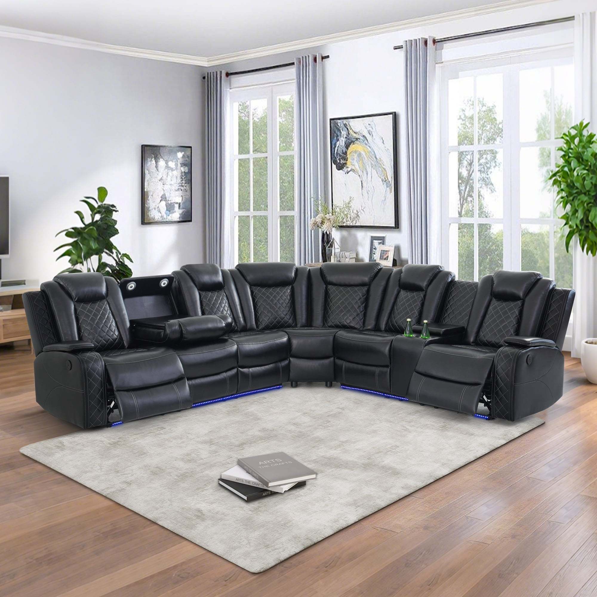Gewnee Air Leather Power Recliner Sectional Sofa，L‑Shaped Recliner Couch with Cup Holders，Wireless Charging, LED Ambient Light, Console Storage，Home Theater Sofa for Living Room,Black