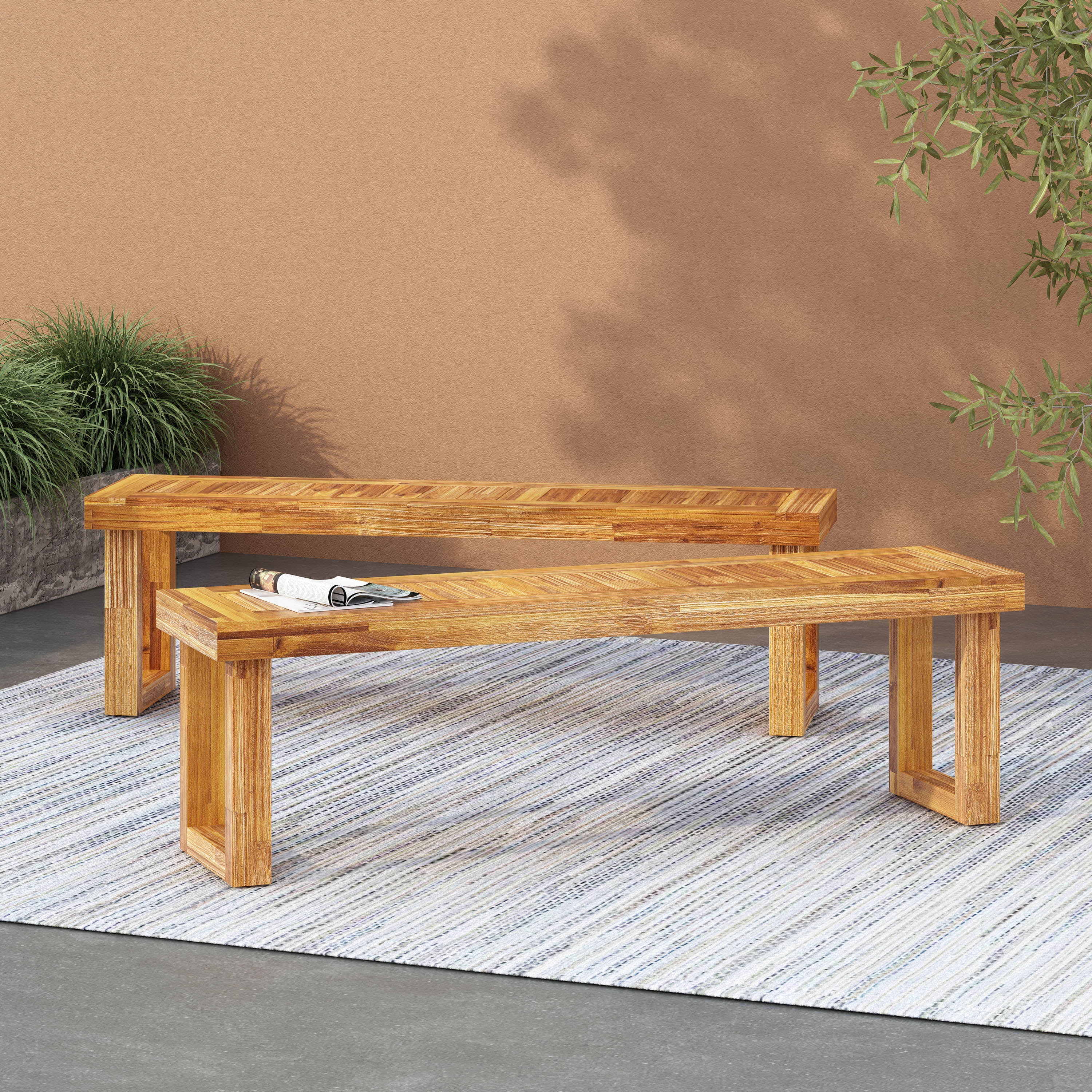 Outdoor Solid Wood Bench Set of 2, Acacia Wood Leisure Benches for Patio Garden, Natural