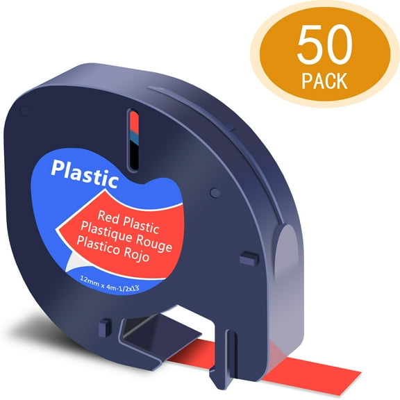 GREENCYCLE 50PK Compatible for DYMO LetraTag Refills 91333 12mm Black on Red Plastic Label Maker Tape